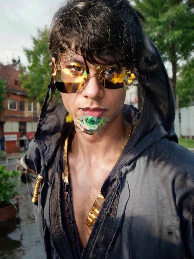 ((cpzrinn)), Photorealistic, (close up: 1.5), (face exposed), (20 year old young man), (walking on the street: 1.2), (wearing a hooded sweater:1.5), (wearing round gold glasses: 1.5), man wearing wet outerwear, heavy rain background, dubnitskiy david fanart, realistic portrait, soft photorealistic, natural light, tones cold colors, bright colors, rainy environment, (hazy and dark atmosphere)