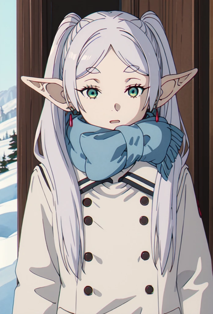 best quality, masterpiece, highres, solo, (frieren_sousounofrieren:1.10), 1girl, blue scarf, elf, jewelry, upper body, closed mouth, outdoors, white coat, winter clothes, anime_style, 24 