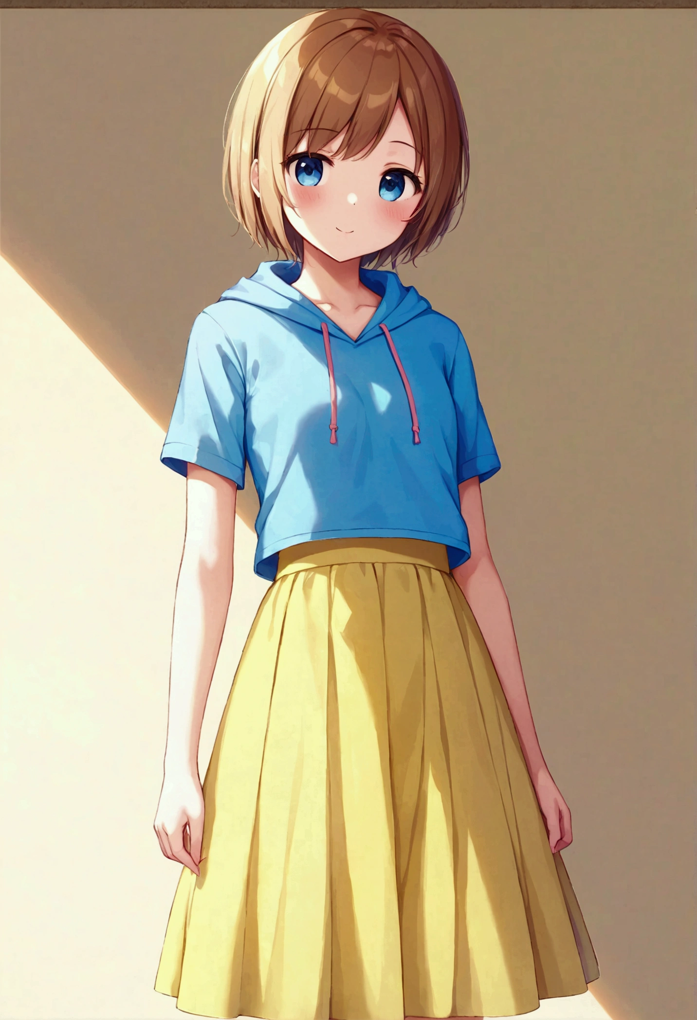 (best quality, masterpiece), 1girl, solo, kaorin, star hair ornament, ahoge, brown eyes, brown hair, blue hoodie, collared shirt, blue skirt, white thighhighs <lyco:kaorinPopNMusic:1.0>