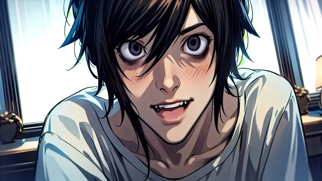 1 boy, man, perfect anatomy, mesmerizing black eyes, 8k resolution, (one person), (realism: 1.2), (masterpiece: 1.2), (cowboy frame: 1.2), dark romantic lighting, (high detail: 1.2), (detailed face: 1.2), (gradients), bright detailed eyes, (natural light: 1.2), solo, indoors, perfect lighting, (black lips), vampire fangs, perfect facial features, perfect angle, perfectly drawn eyes, man, smile, skinny, sitting