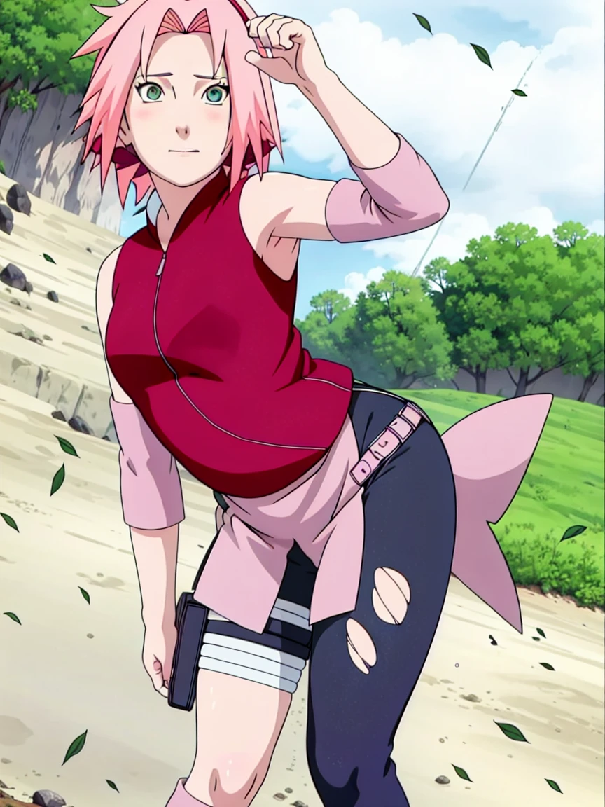 Sakura Haruno nude,wide hips,abdomen,sexy ,Show your armpits,jump,On the tree,IPST, naked,Torn shirt,blushing,sexually aroused, In the forest,open shirt,nipple,pink nipples,Water drips on the crotch,Fluid on the legs,full body