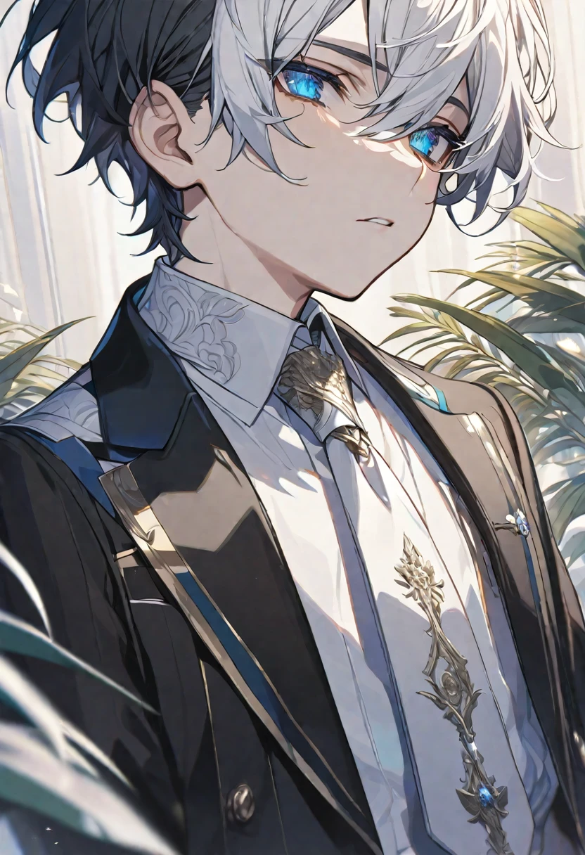 Alone, elegant, 1 little boy, short hair, black hair and white hair, half and half, blue eyes, detailed, White shirt, white tie,
