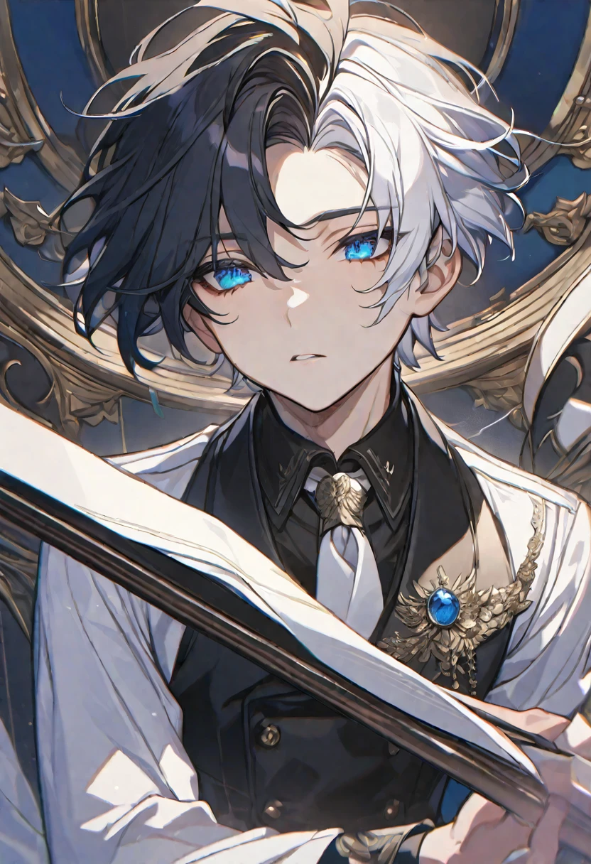 Alone, elegant, 1 little boy, short hair, black hair and white hair, half and half, blue eyes, detailed, White shirt, white tie,