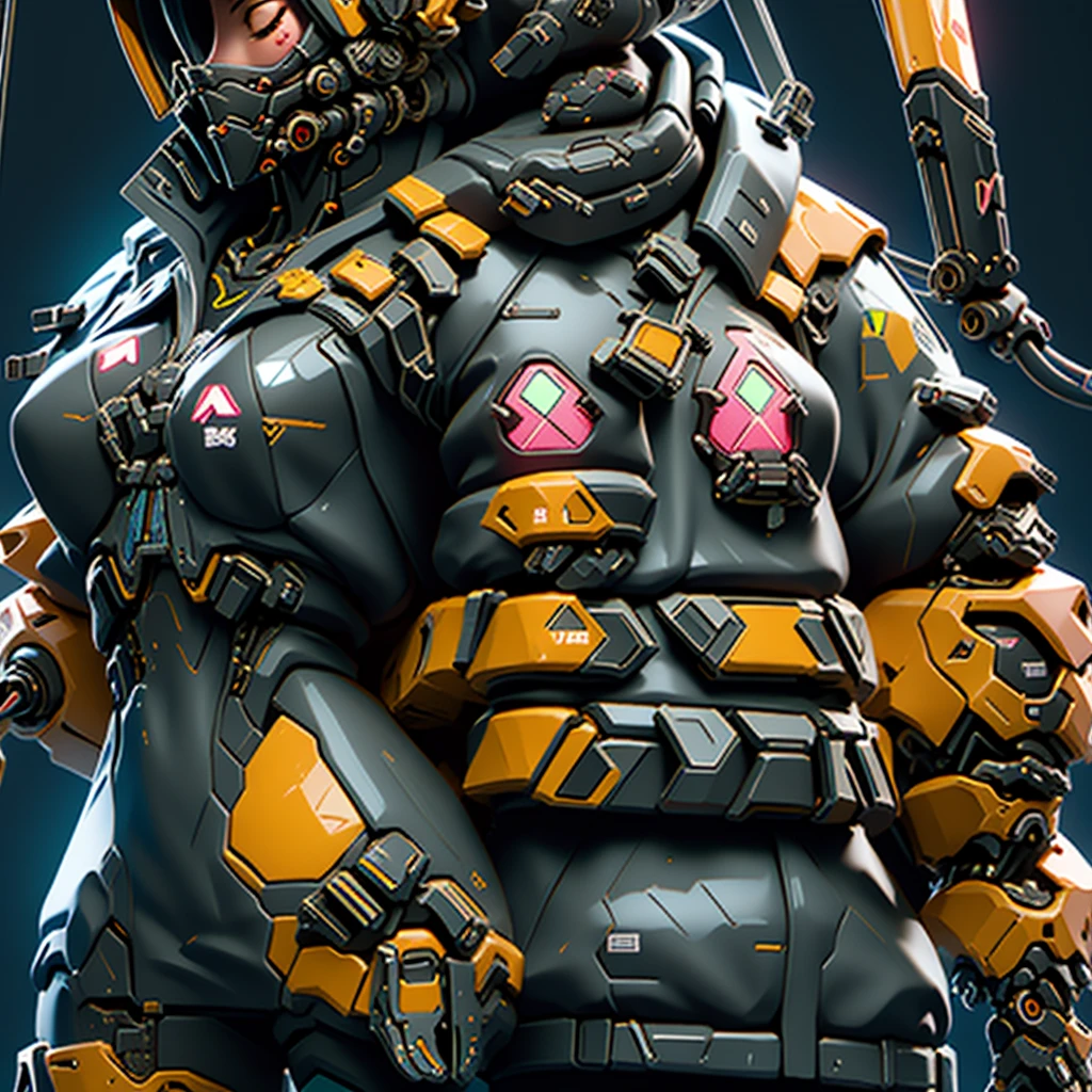 (masterpiece, best quality, ultra-detailed), mecha pilot woman, futuristic pilot suit, sleek and form-fitting with advanced protective gear, helmet with transparent visor and integrated HUD, short hair, determined expression, break standing confidently in front of a large mecha in a seductive pose, one hand on her hip, the other slightly touching the mecha, holding a helmet under one arm, break the pilot stands in front of a mecha, break large mecha with intricate mechanical details, break cyberpunk cityscape in the background, neon lights reflecting off her suit, high-tech environment, cinematic lighting