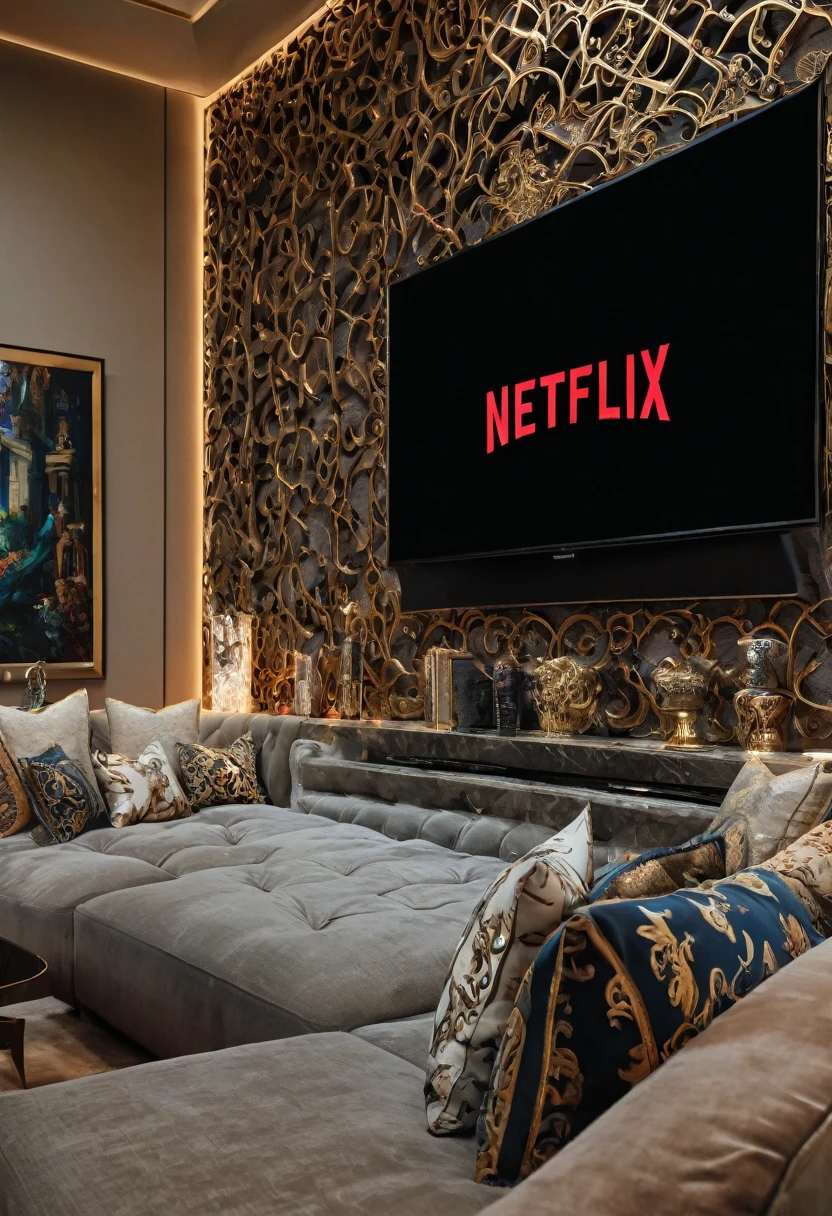 a close up of a couch with pillows and pillows in front of a large screen, large screen tv infront of the couch , netflix display on the screen , reddit, renaissance, netflix, luxurious environment, netflix trese, netflix series, incredible masterpiece, arcane netflix, extremely opulent, cozy place, relaxing environment, conversation pit, beautiful masterpiece, taken in 2022