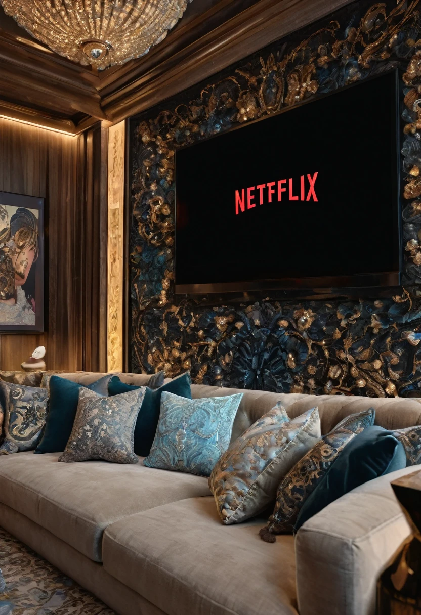 a close up of a couch with pillows and pillows in front of a large screen, large screen tv infront of the couch , netflix display on the screen , reddit, renaissance, netflix, luxurious environment, netflix trese, netflix series, incredible masterpiece, arcane netflix, extremely opulent, cozy place, relaxing environment, conversation pit, beautiful masterpiece, taken in 2022