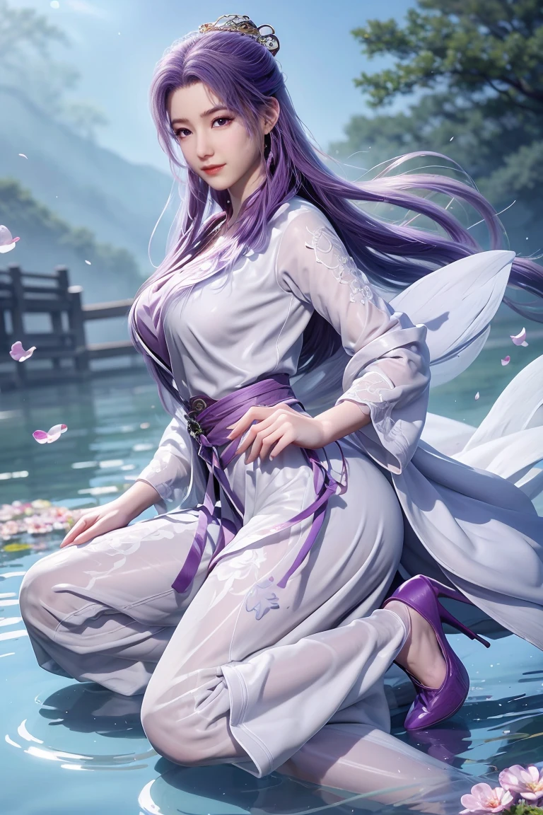 Chinese purple cheongsam，Long legs，Large Breasts，full-body shot，Wearing purple high heels，Swimming