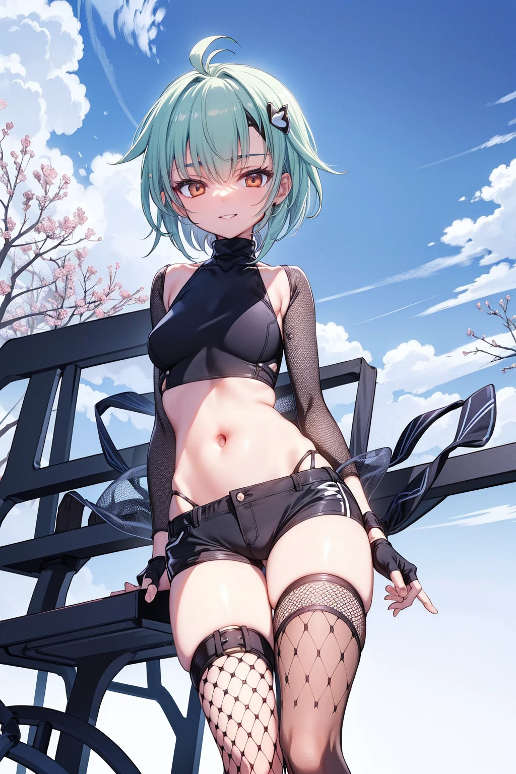 yuffiekisaragi, Yuffie Kisaragi,Haircuts, pixie cut,
壊す crop top, fingerless gloves, fishnet Thighhighs, fishnet, forehead protector, gloves, head band, belly button, short shorts, shorts, single sleeve, single thigh high, No sleeve, No sleeve turtleneck, Thighhighs, turtleneck,
bench、blue sky、smile, solo,rising_leg