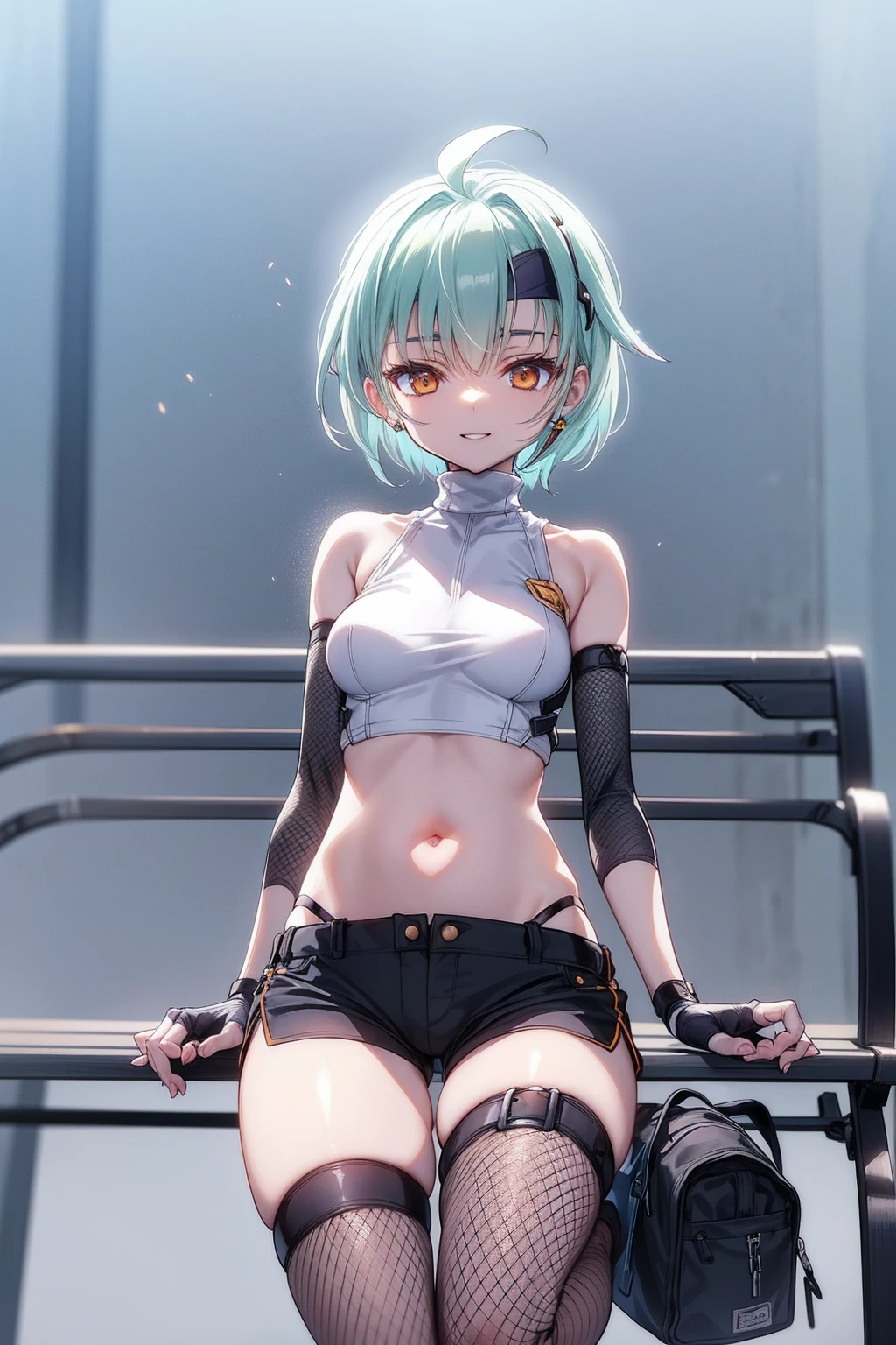 yuffiekisaragi, Yuffie Kisaragi,Haircuts, pixie cut,
壊す crop top, fingerless gloves, fishnet Thighhighs, fishnet, forehead protector, gloves, head band, belly button, short shorts, shorts, single sleeve, single thigh high, No sleeve, No sleeve turtleneck, Thighhighs, turtleneck,
bench、blue sky、smile, solo,rising_leg