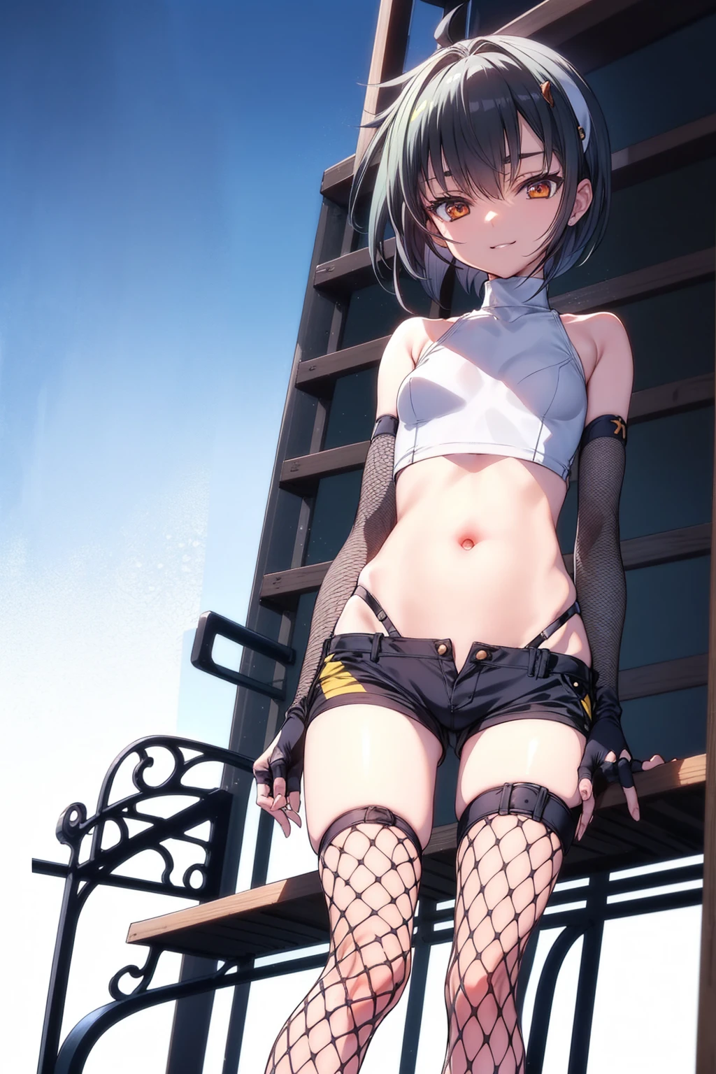 yuffiekisaragi, Yuffie Kisaragi,Haircuts, pixie cut,
壊す crop top, fingerless gloves, fishnet Thighhighs, fishnet, forehead protector, gloves, head band, belly button, short shorts, shorts, single sleeve, single thigh high, No sleeve, No sleeve turtleneck, Thighhighs, turtleneck,
bench、blue sky、smile, solo,rising_leg