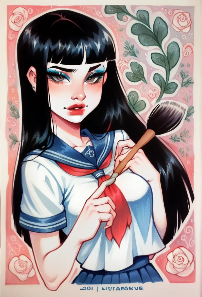 smudgy, traditional art, liu2, brush texture, score_9, score_8_up, score_7_up, score_6_up, score_5_up, score_4_up, BREAK 1girl, intricate, school outfit , (eyeliner:1.2), looking at viewer, black hair, hime-cut, pale skin, jewelry, detailed background, breasts (masterpiece, high quality:1),