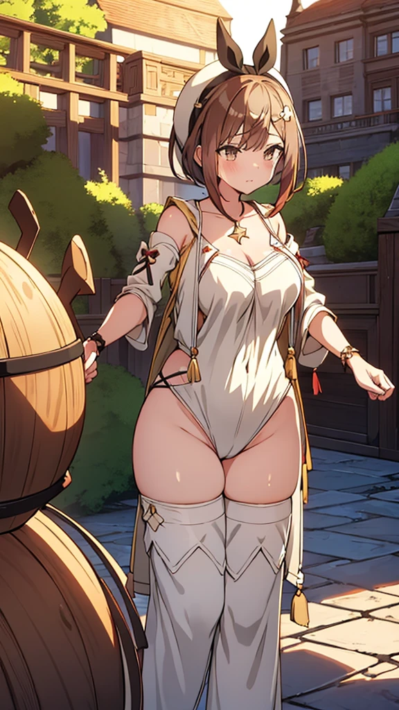 masterpiece,hentai, Naked Girls,favorite,Bounce and shake wildly,, 32K,Super detailed,Ultra-detailed,Vibrant breasts, Ryza outfit, loungewear, {{The biological weapon preys on the sleeping Ryza and transforms into Ryza, standing there.}}, Overall view, Town, NSFW