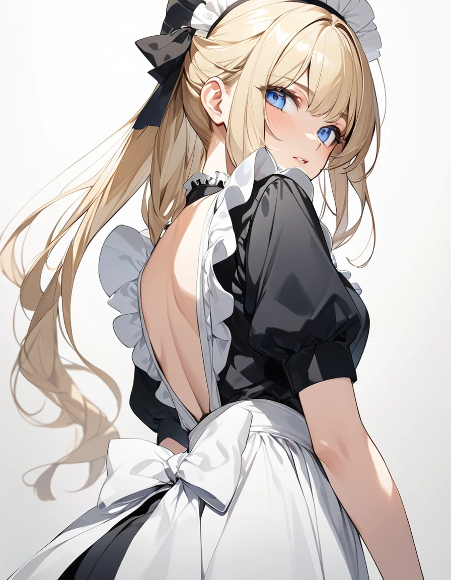 Beautiful girl in maid、(Top quality illustrations:1.2), (pretty girl:1.1), (1 girl、、Top quality illustrations:1.2), (1 girl、Kind eyes、blue eyes:1.2)、Blonde、Semi-long hair、Mature、(Black and white maid costume) 、from behind, from below, sexy、White background、Simple Background