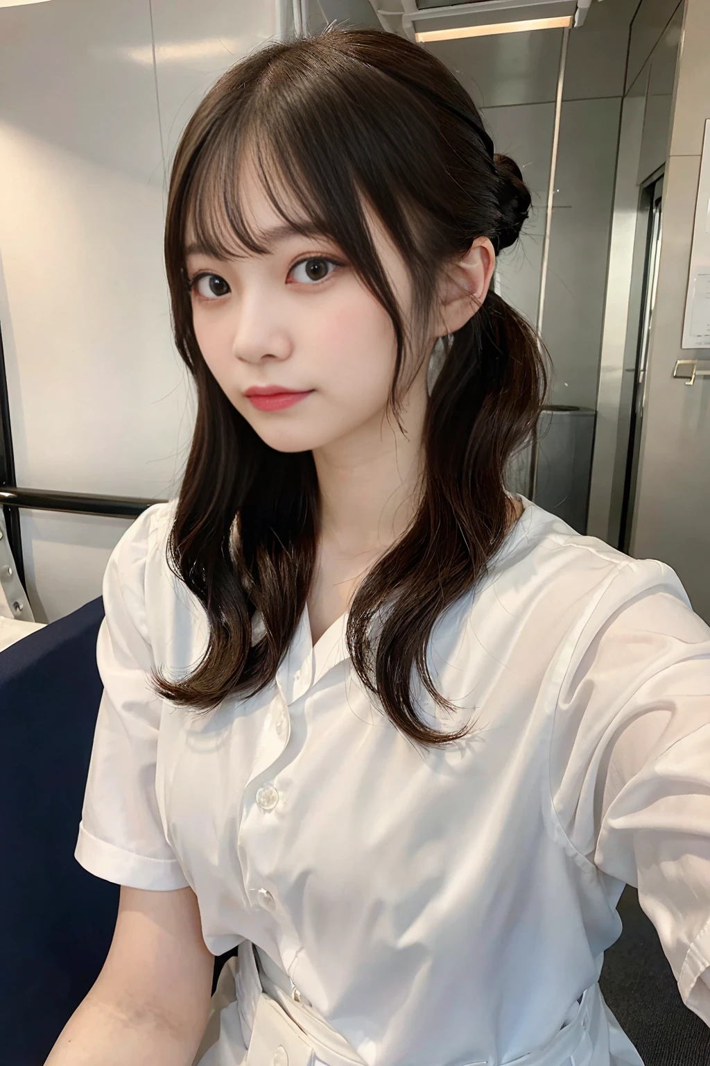 Create a close-up image of a beautiful Japanese woman who works as a bus guide with a seductive expression.。She wears a tight uniform、プロフェッショナルさとcharmを強調しています。Her hair was neatly tied up.、She has an elegant look with a bun or ponytail style.。The background is a softly blurred bus interior.、The warm lighting highlights her features.。The makeup is perfect、特に目と唇に重点を置いて彼女のcharmを引き立てています。Confident、She has a slightly mysterious look、Elegance、charm、And it creates a professional atmosphere.。It fits her body perfectly、Show off your curves but still look polished and professional。makes her silhouette look elegant、Make sure to highlight her style。