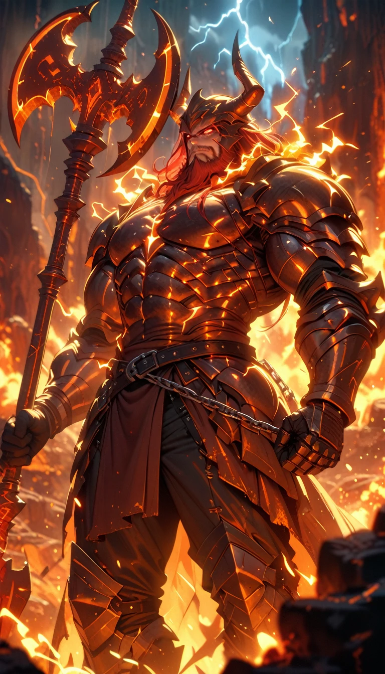 ((best quality)) , ((masterpiece)) , (detailed),axe, 1boy, male focus, horns, glowing eyes, holding, beard, glowing, solo, weapon, holding axe, facial hair, muscular, fire, holding weapon, chain, looking at viewer, long hair, lightning, muscular male, red hair, horned helmet, armor, helmet, belt, fake horns, molten rock, feet out of frame, standing, battle axe, electricity,(((final boss)))