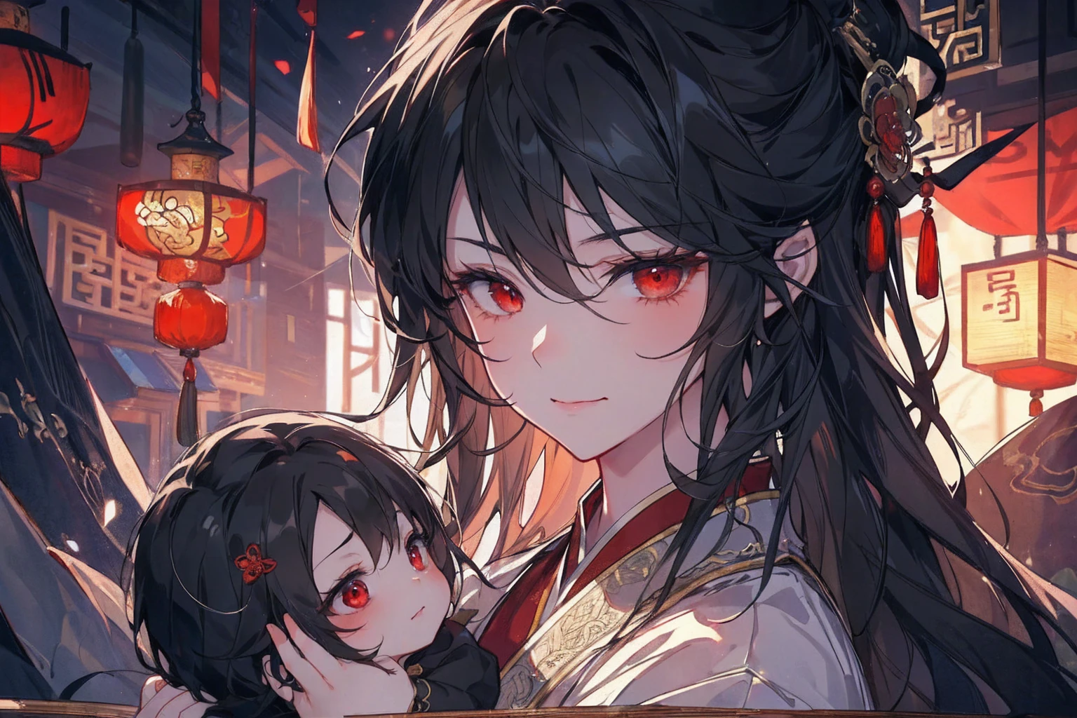 (extremely detailed 8K wallpaper),(ultra-detailed),(best quality),(masterpiece),(highly detailed),(cinematic lighting),(Original),Cold ligh,moody,(Chinese elaborate-style painting ),ink style, black hair, red eyes, sweet smile, sad face, holding her little baby