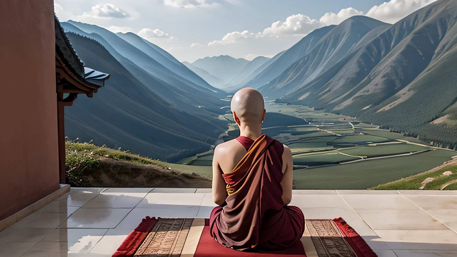 an amazing bald Buddhist woman passing her teachings to the public while behind her is a monastery