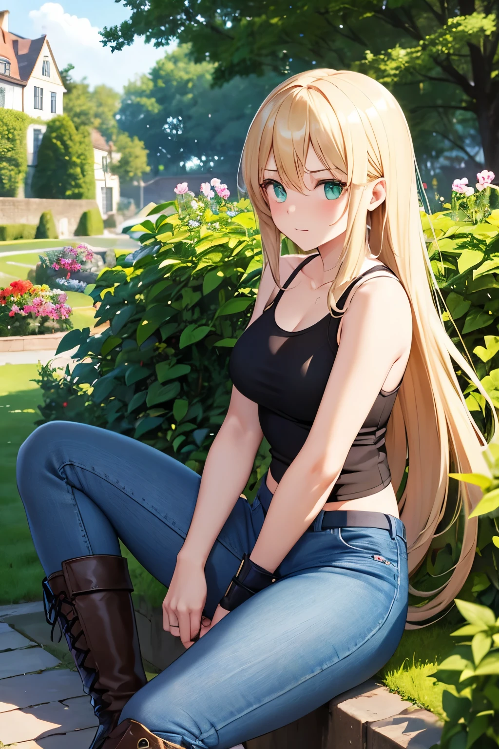 1German upper class,tomboy,cute,glamorous,young virgin lady,Blonde intake,long hair,emerald eyes.tsurime,The background is garden,Jeans with bulging sides,tank top,Leather boots,1940s,Embarrassed