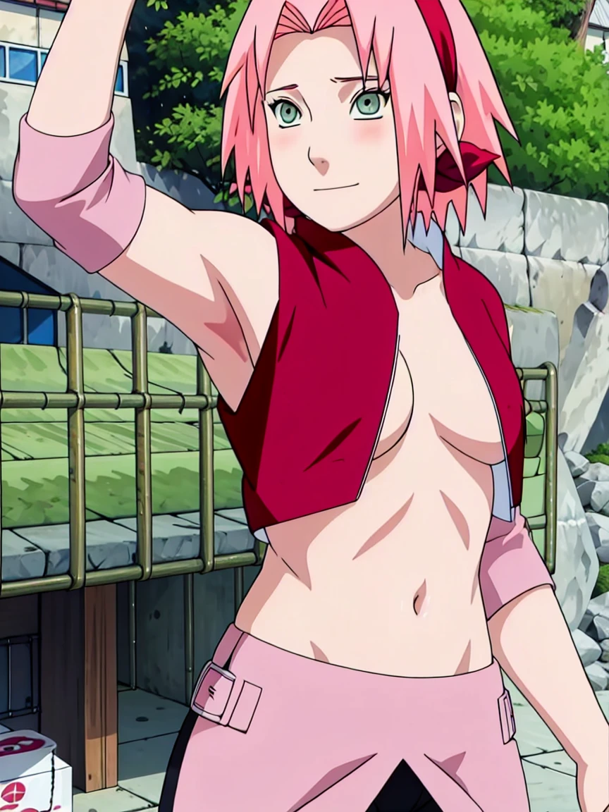 Sakura Haruno nude,wide hips,abdomen,sexy ,Show your armpits,jump,On the tree,IPST, naked,Torn shirt,blushing,sexually aroused, In the forest,open shirt,Hard nipple,pink nipples,full body