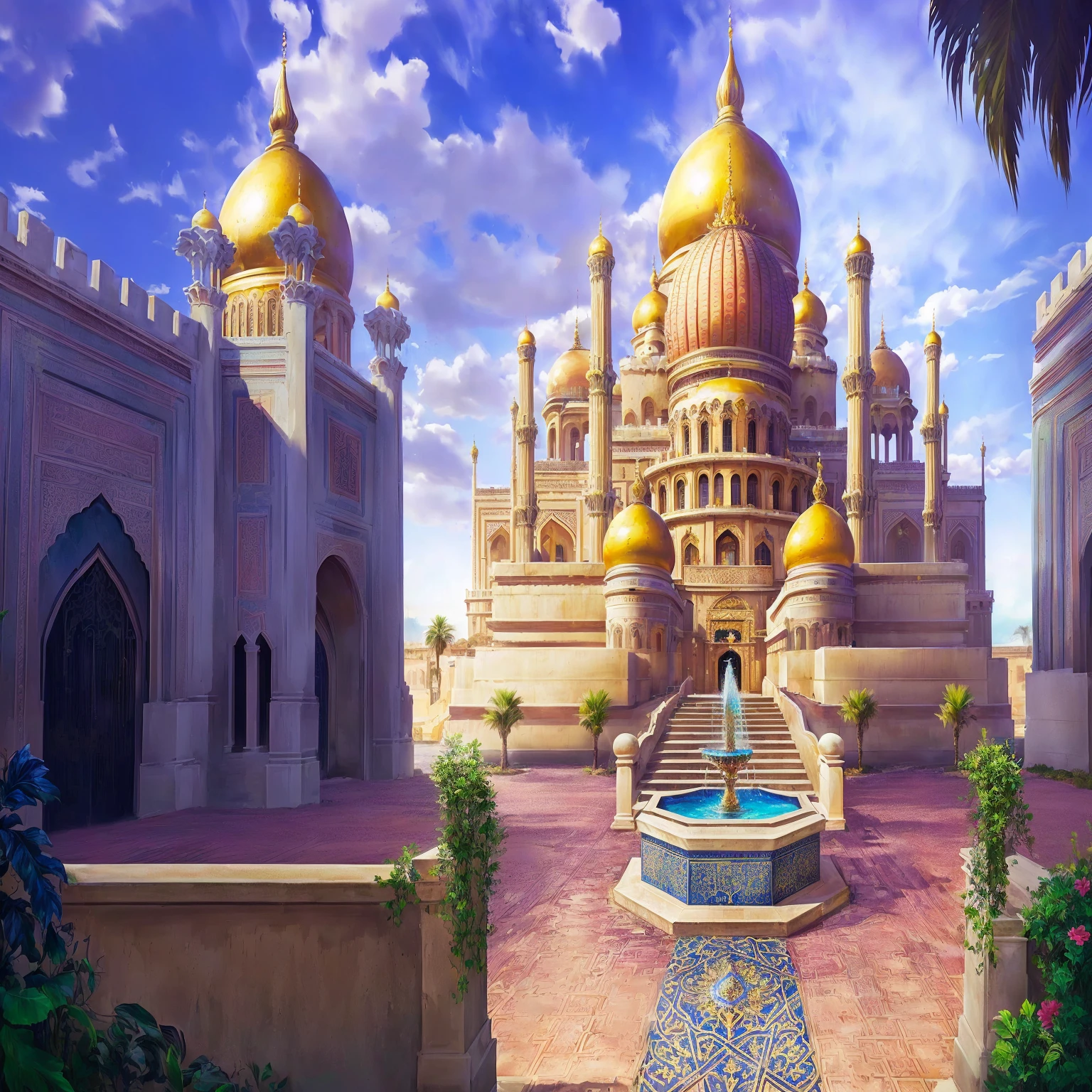 There is a large building with a fountain in the middle of it, palace background, background art, royal garden background, temple background, city background portuária renascentista, background artwork, futuristic Persian palace, ornate turkic palace background, fundo do castelo, background art deco palace, in a Flaming palace in the desert, city background, stunning arcane scenery, city background de fantasia, Flaming Luxurious, fire