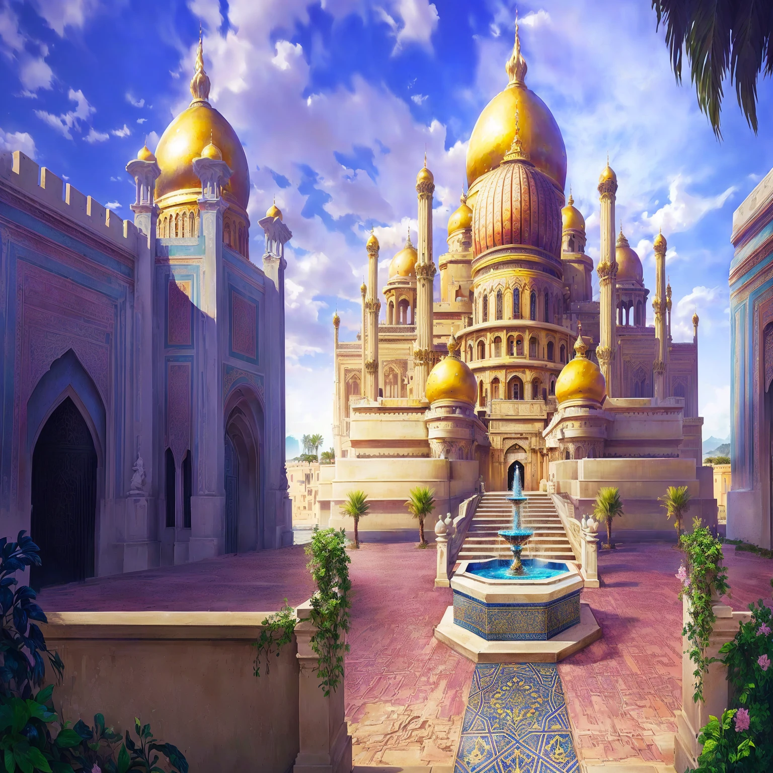 There is a large building with a fountain in the middle of it, palace background, background art, royal garden background, temple background, city background portuária renascentista, background artwork, futuristic Persian palace, ornate turkic palace background, fundo do castelo, background art deco palace, in a Flaming palace in the desert, city background, stunning arcane scenery, city background de fantasia, Flaming Luxurious, fire