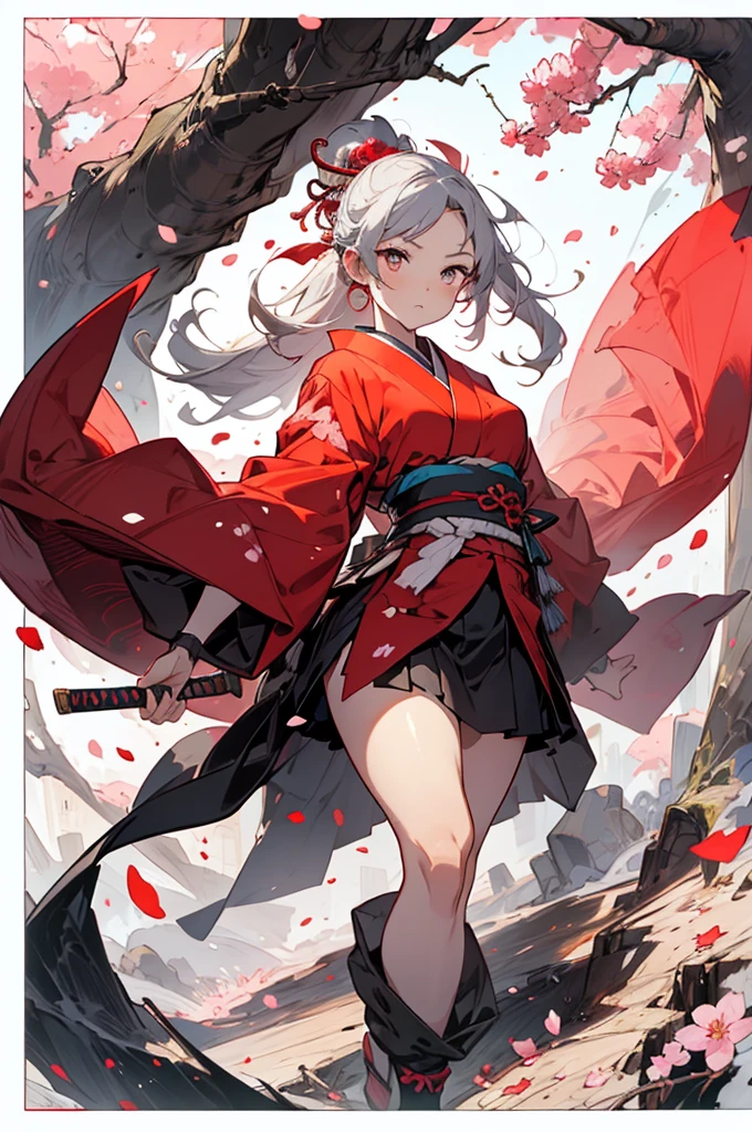 Masterpiece, super high resolution, perfect picture quality, ink style, chivalrous girl, red Japanese costume, holding a Japanese sword, dancing, cherry blossoms falling, petals flying, silver bells jingling, fascinating.