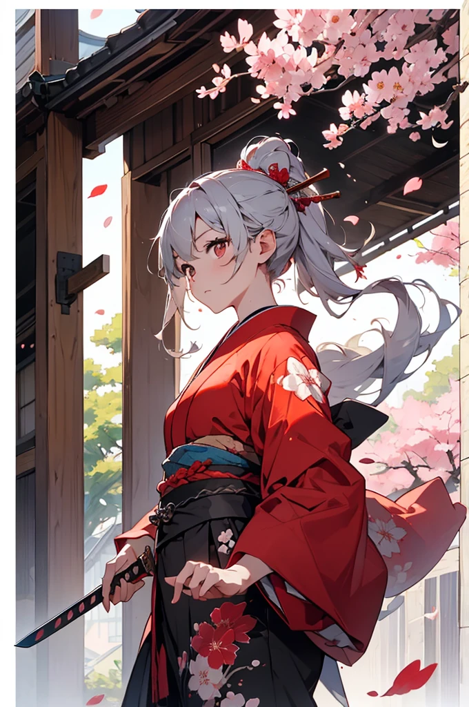 masterpiece, Ultra-high resolution, Perfect image quality, Ink Style, Chivalric Girl, Red kimono, Holding the Japan sword, Dancing, Cherry blossoms fall, Petals fluttering, Silver Berjara Jarra, attractive.