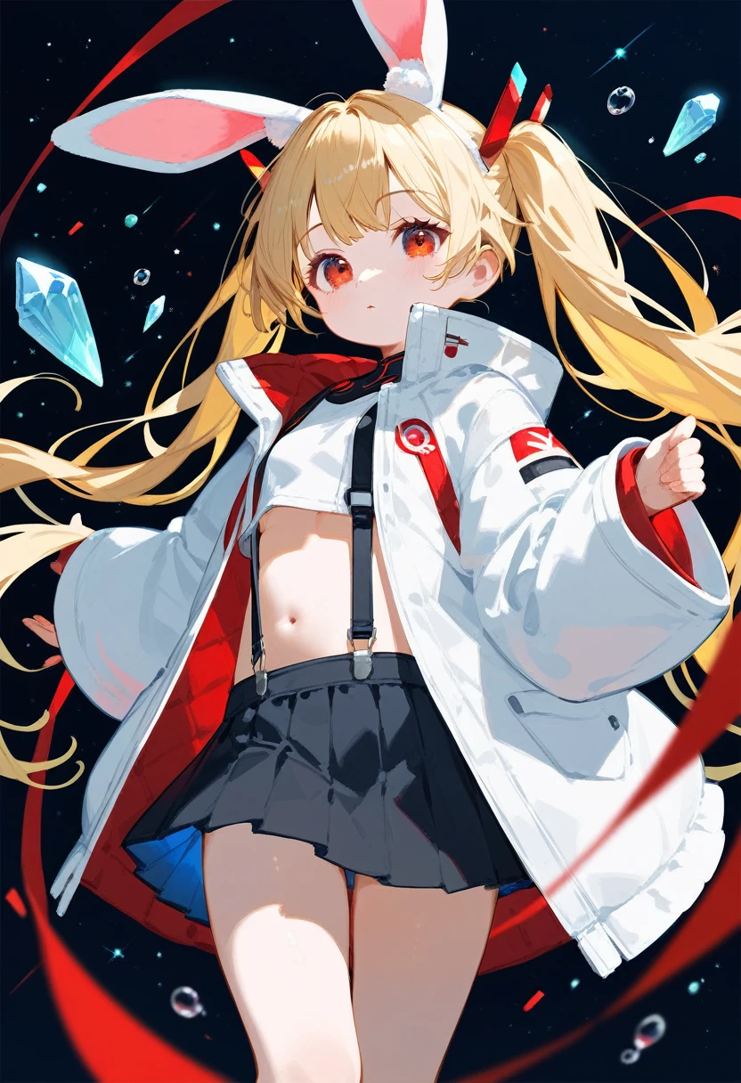 1girl, ,little_girl,ruby, blonde hair, twintails, bangs, red eyes, very long hair, crystal bunny ears, futuristic rabbit ears, wide sleeves, very short jacket, open jacket, white jacket, suspenders, futuristic outfit, bubbles, a space background in the background, 1girl, solo, skirt, blonde hair, long hair, navel, very long hair, white background, pleated skirt, long sleeves, cute, 