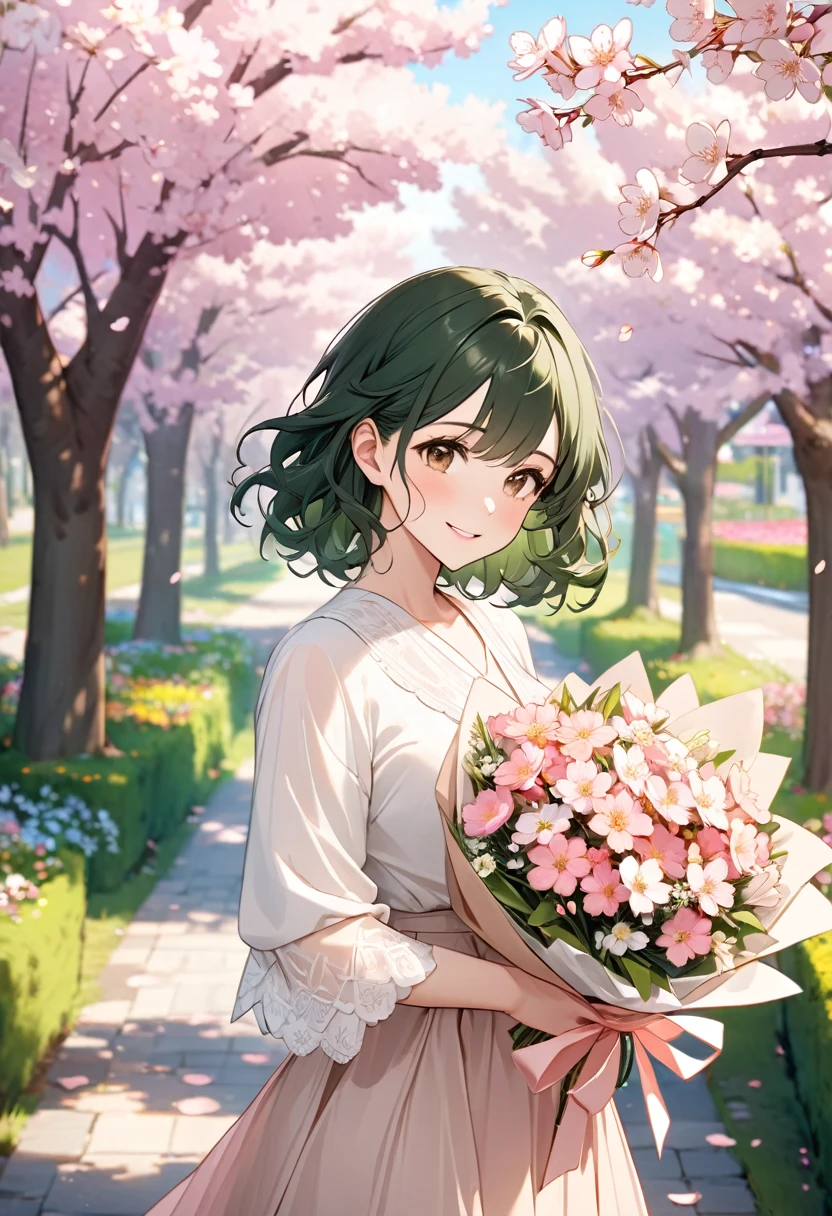 8k, Female model, dark green short wavy hair, Brown eyes, soft smiling, spring time, delicate clothes in light tones, passionate expression, buying bouquet of flowers, trees with cherry blossoms in the background
