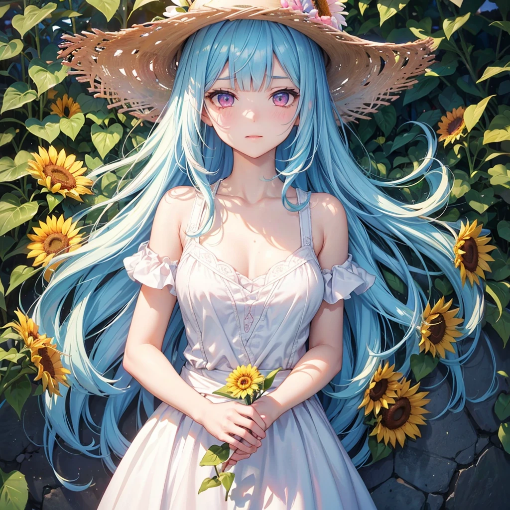 Sky blue hair,Braiding,(Pink Eyes),Fair skin ,(whole body),(One Girl),buzzer,Sunflower field,White Dress,Blunt bangs,Wipe away sweat,Wink,Straw hat,(masterpiece, Highest quality, Very detailed, Best Shadow), (Detailed Background), (Beautifully detailed face), High Contrast, (Best lighting, Very delicate and beautiful), ((Cinematic Light)), colorful, Hyper Detail, Dramatic Light, Intricate details,buzzerの暑い日差し,