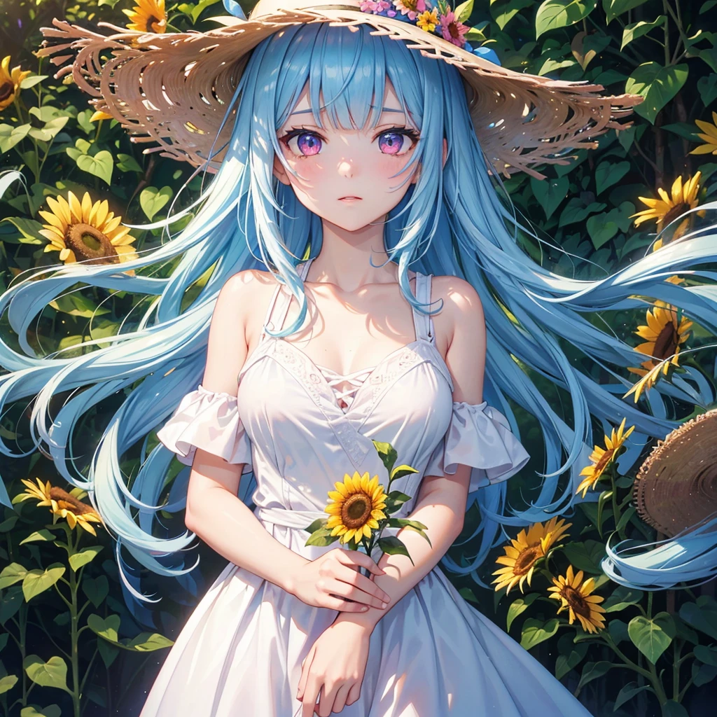 Sky blue hair,Braiding,(Pink Eyes),Fair skin ,(whole body),(One Girl),buzzer,Sunflower field,White Dress,Blunt bangs,Wipe away sweat,Wink,Straw hat,(masterpiece, Highest quality, Very detailed, Best Shadow), (Detailed Background), (Beautifully detailed face), High Contrast, (Best lighting, Very delicate and beautiful), ((Cinematic Light)), colorful, Hyper Detail, Dramatic Light, Intricate details,buzzerの暑い日差し,