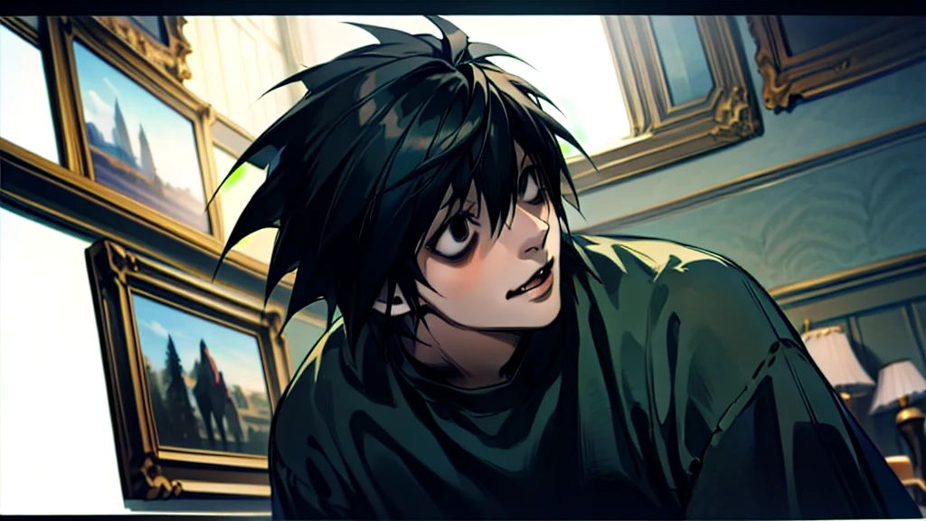 1 boy, man, perfect anatomy, mesmerizing black eyes, 8k resolution, (one person), (realism: 1.2), (masterpiece: 1.2), (cowboy frame: 1.2), dark romantic lighting, (high detail: 1.2), (detailed face: 1.2), (gradients), bright detailed eyes, (natural light: 1.2), solo, indoors, perfect lighting, (black lips), vampire fangs, perfect facial features, perfect angle, perfectly drawn eyes, man, smile, skinny, sitting