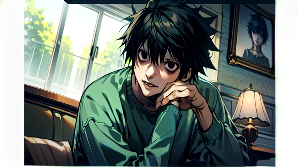 1 boy, man, perfect anatomy, mesmerizing black eyes, 8k resolution, (one person), (realism: 1.2), (masterpiece: 1.2), (cowboy frame: 1.2), dark romantic lighting, (high detail: 1.2), (detailed face: 1.2), (gradients), bright detailed eyes, (natural light: 1.2), solo, indoors, perfect lighting, (black lips), vampire fangs, perfect facial features, perfect angle, perfectly drawn eyes, man, smile, skinny, sitting