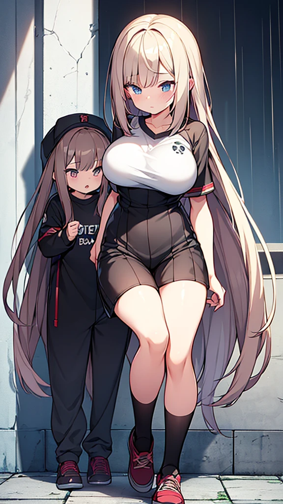 Full body image, front, One girl, 18-year-old, Mix 4, (32K, RAW Photos, Highest quality, masterpiece:1.2), (Anime-like, photoAnime-like:1.37), cute, Short sleeve T-shirt,Shorts,Black knee socks, night, rain, Humidity, Professional Lighting, Photon Mapping, Radio City, Physically Based Rendering, Super Resolution, (Big Breasts:1.2), {{The biological weapon that had preyed on the younger sister took her place and reunited with the older brother, The rebellious little sister has become the obedient little sister}}, Girl Skull, whole body, NSFW