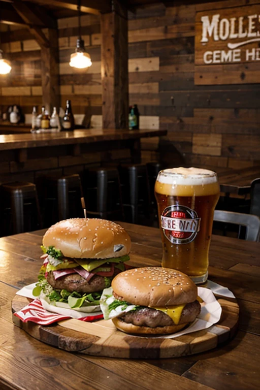 burger and beer on rustic wooden table