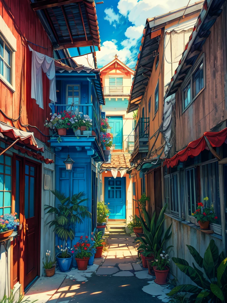 super wide perspective, outdoors, a beautiful white colored old cabin, blue doors and windows, beach side, windy, moody weather, sand, tropical plants, stairs, amazing sky, ghibli anime scene, pots with tropical leafy plants, white metal chair with table, white cycle with basket, red flowers in balcony, flowers in foreground, cinematic color tones, subtle light, vibrant color tones, ghibli style, no humans, scenery, masterpiece, high resolution