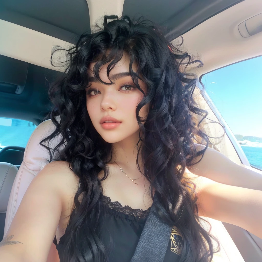 a close up of a woman with long black hair in a car, curly bangs, long wild black curly hair, black wavy hair with bangs, long black curly hair, black long curly hair, long curly black hair, black curly hair, curly black hair, long messy curly hair, madison beer, gorgeous latina face, with long curly hair, messy curly hair