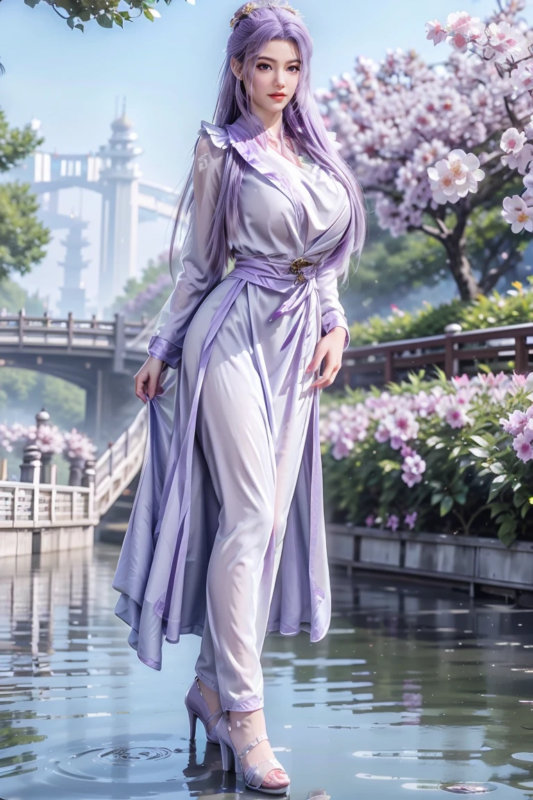 Chinese purple cheongsam，Long legs，Large Breasts，full-body shot，Wearing purple high heels，Swimming