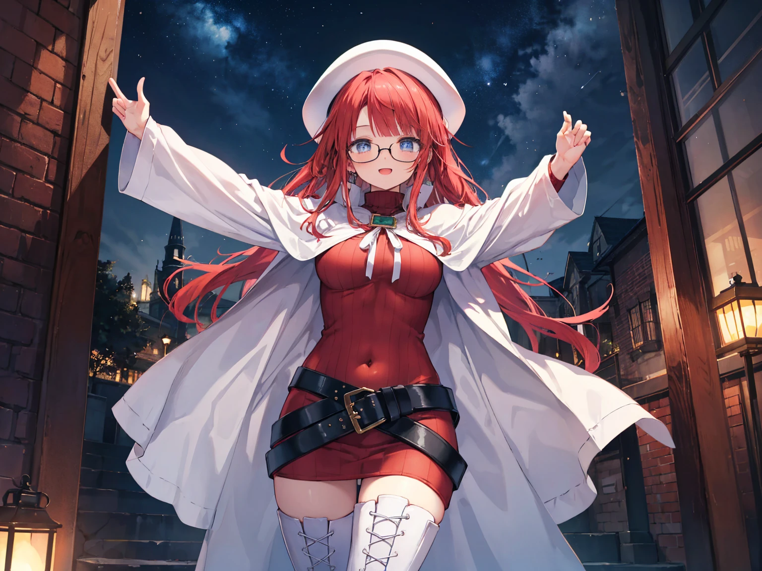 summonnightaty, aty, (young:1.3),long hair, blue eyes, red hair, big_tits, hat, glasses,
BREAK long hair, thighhighs, hat, dress, naked_legs, glasses, belt, cape, sweater, zettai ryouiki, beret, thigh boots, white footwear, ribbed sweater, loose belt,solo,
BREAK outdoors, fantasy,
,Highquality_hads,perfect_fingers,
BREAK (masterpiece:1.2), best quality, high resolution, unity 8k wallpaper, (illustration:0.8), (beautiful detailed eyes:1.6), extremely detailed face, perfect lighting, extremely detailed CG, (perfect hands, perfect anatomy),covered_nipples,covered_navel ,half_eyes,long_sword,sleepy_eyes,red_sweater,apart_knees,magical_effect,spread_legs, have_a_book,teacher,rise_knee,Smile,rise_hand,look_down_viewer,spread_arms,,looking_into,plump,open_mouth, dynamic_posing,solo,in_Emodern_town_landscape,night_sky,solo