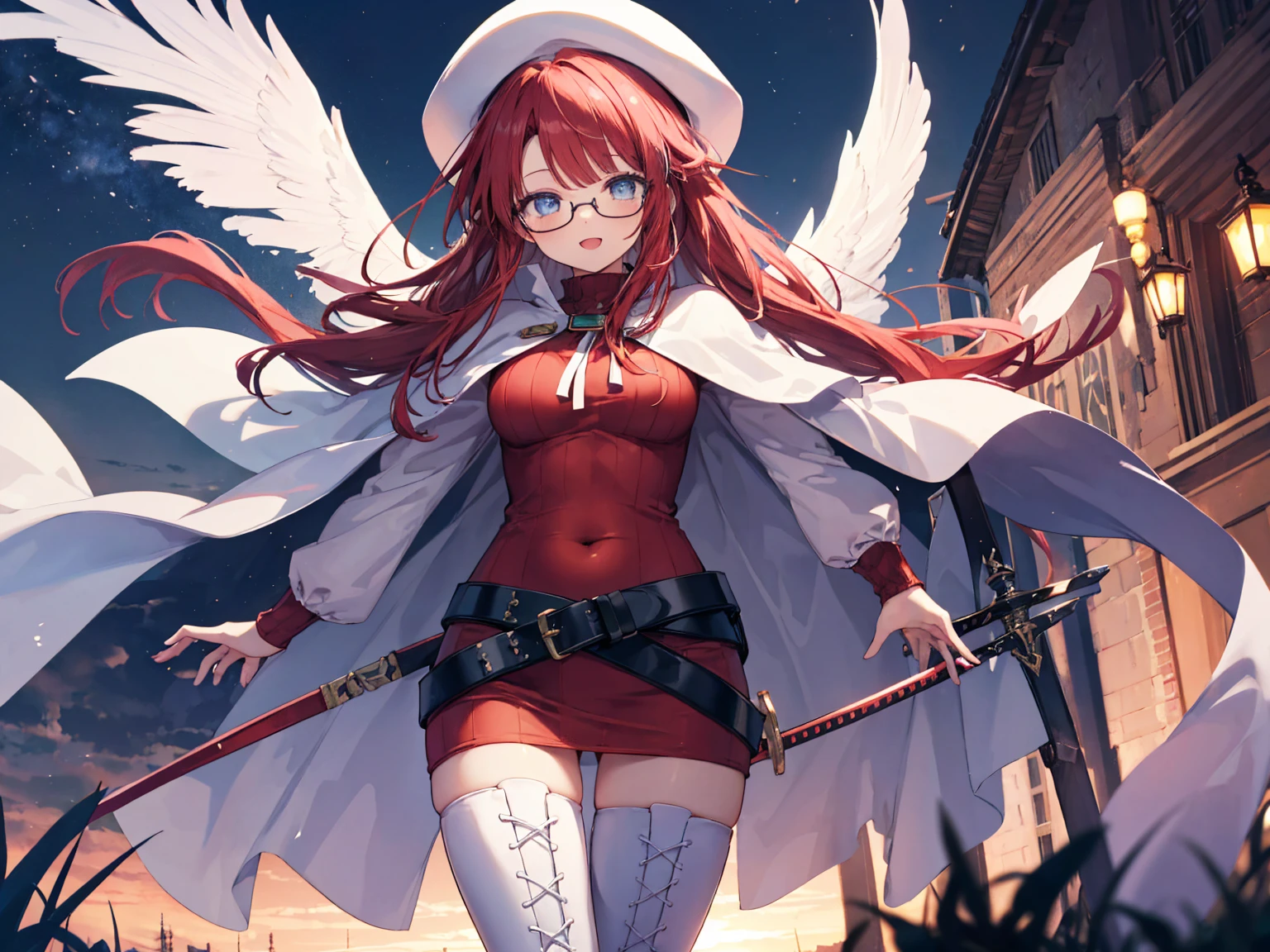 summonnightaty, aty, (young:1.3),long hair, blue eyes, red hair, big_tits, hat, glasses,
BREAK long hair, thighhighs, hat, dress, naked_legs, glasses, belt, cape, sweater, zettai ryouiki, beret, thigh boots, white footwear, ribbed sweater, loose belt,solo,
BREAK outdoors, fantasy,
,Highquality_hads,perfect_fingers,
BREAK (masterpiece:1.2), best quality, high resolution, unity 8k wallpaper, (illustration:0.8), (beautiful detailed eyes:1.6), extremely detailed face, perfect lighting, extremely detailed CG, (perfect hands, perfect anatomy),covered_nipples,covered_navel ,half_eyes,long_sword,sleepy_eyes,red_sweater,apart_knees,magical_effect,spread_legs, have_a_book,teacher,rise_knee,Smile,rise_hand,look_down_viewer,spread_arms,,looking_into,plump,open_mouth, dynamic_posing,solo,in_Emodern_town_landscape,night_sky,solo
