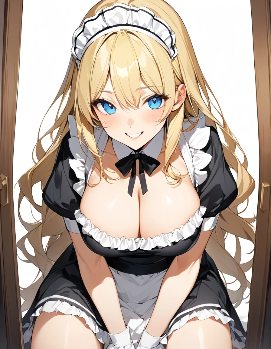 Beautiful girl in maid、(Top quality illustrations:1.2), (pretty girl:1.1), (1 girl、、Top quality illustrations:1.2), (1 girl、Kind eyes、blue eyes:1.2)、Blonde、Semi-long hair、Mature、Large Breasts、smile、(Black and white maid costume) 、sexy、White background、Simple Background