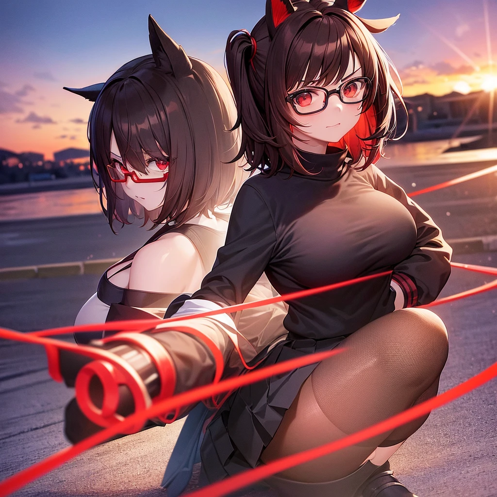 Otaku Girl、1People Girls、Big Breasts、Light brown short hair with outward curlischievous Smile、Red Eyes、Animal Ears、Red Glasses、black and red hoodie、Black Skirt、Black knee-high socks、Free Pose、Under the sunset sky