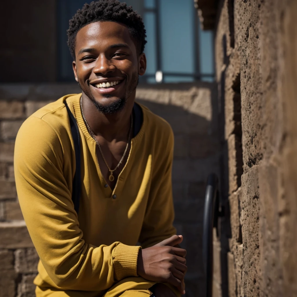 young black man, blind, smiling for the photo, whole composition, High definition, olhando de lado, 8k, perfect smile, sunglasses and cane in hand