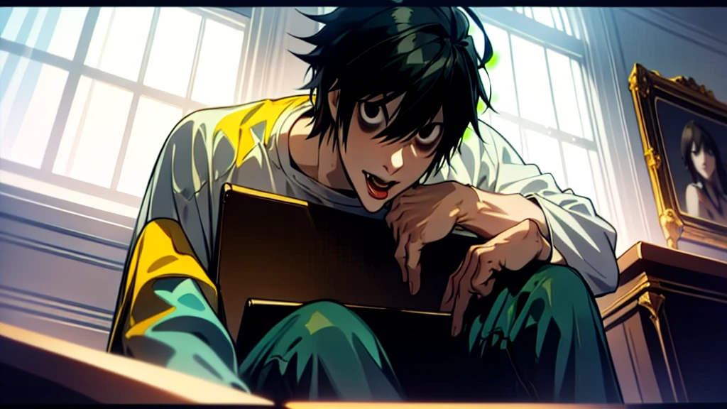 1 boy, man, perfect anatomy, mesmerizing black eyes, 8k resolution, (one person), (realism: 1.2), (masterpiece: 1.2), (cowboy frame: 1.2), dark romantic lighting, (high detail: 1.2), (detailed face: 1.2), (gradients), bright detailed eyes, (natural light: 1.2), solo, indoors, perfect lighting, (black lips), vampire fangs, perfect facial features, perfect angle, perfectly drawn eyes, man, smile, skinny, sitting