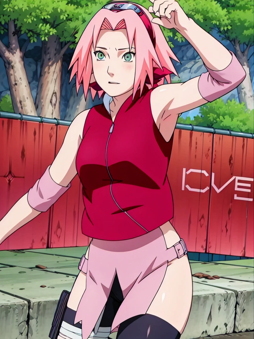 Sakura Haruno nude,wide hips,abdomen,sexy ,Show your armpits,jump,On the tree,IPST, naked,Torn shirt,blushing,sexually aroused, In the forest,open shirt,Hard nipple,pink nipples,full body