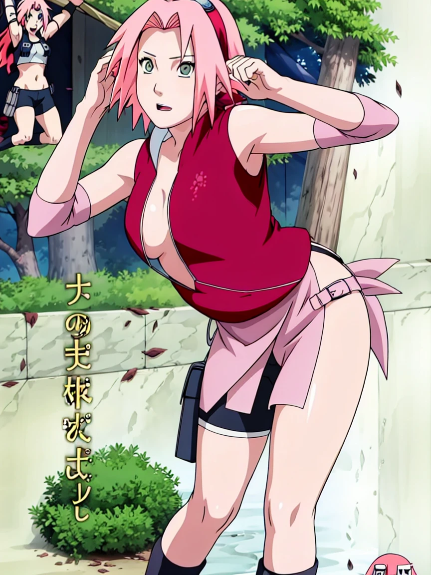 Sakura Haruno nude,wide hips,abdomen,sexy ,Show your armpits,jump,On the tree,IPST, naked,Torn shirt,blushing,sexually aroused, In the forest,open shirt,Hard nipple,pink nipples,full body