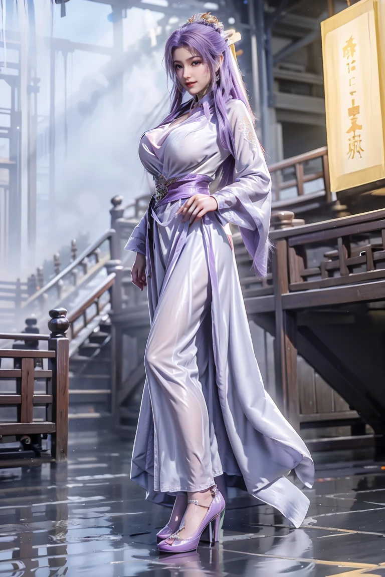 Chinese purple cheongsam，Long legs，Large Breasts，full-body shot，Wearing purple high heels，Swimming