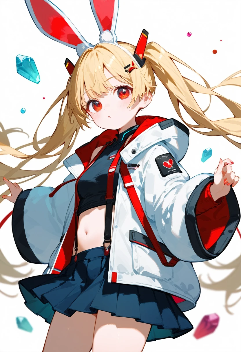 1girl, ,little_girl,ruby, blonde hair, twintails, bangs, red eyes, very long hair, crystal bunny ears, futuristic rabbit ears, wide sleeves, very short jacket, open jacket, white jacket, suspenders, futuristic outfit, bubbles, a space background in the background, 1girl, solo, skirt, blonde hair, long hair, navel, very long hair, white background, pleated skirt, long sleeves, cute,