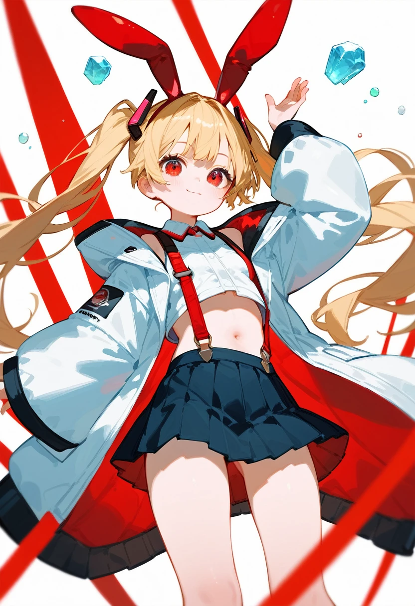 1girl, ,_girl,ruby, blonde hair, twintails, bangs, red eyes, very long hair, crystal bunny ears, futuristic rabbit ears, wide sleeves, very short jacket, open jacket, white jacket, suspenders, futuristic outfit, bubbles, a space background in the background, 1girl, solo, skirt, blonde hair, long hair, navel, very long hair, white background, pleated skirt, long sleeves, cute, 