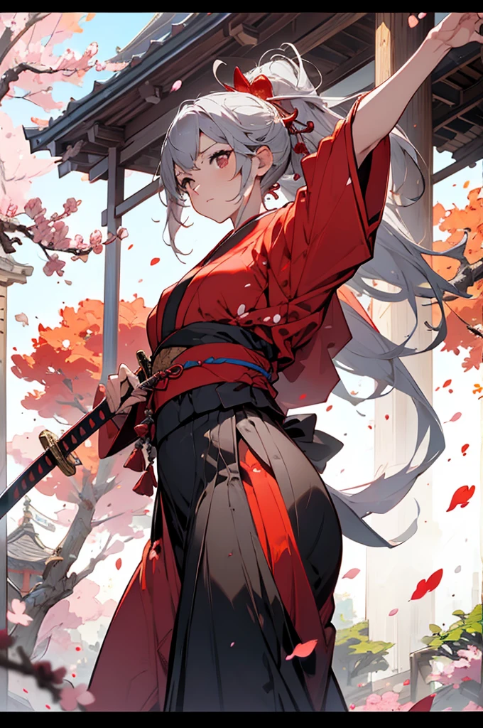 masterpiece, Ultra-high resolution, Perfect image quality, Ink Style, Chivalric Girl, Red kimono, Holding the Japan sword, Dancing, Cherry blossoms fall, Petals fluttering, Silver Berjara Jarra, attractive.